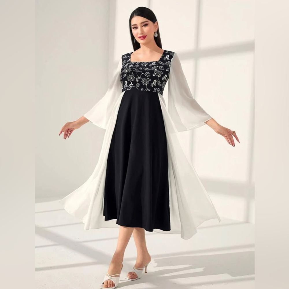 Asymmetrical Embroidered Trumpet Sleeve Dress